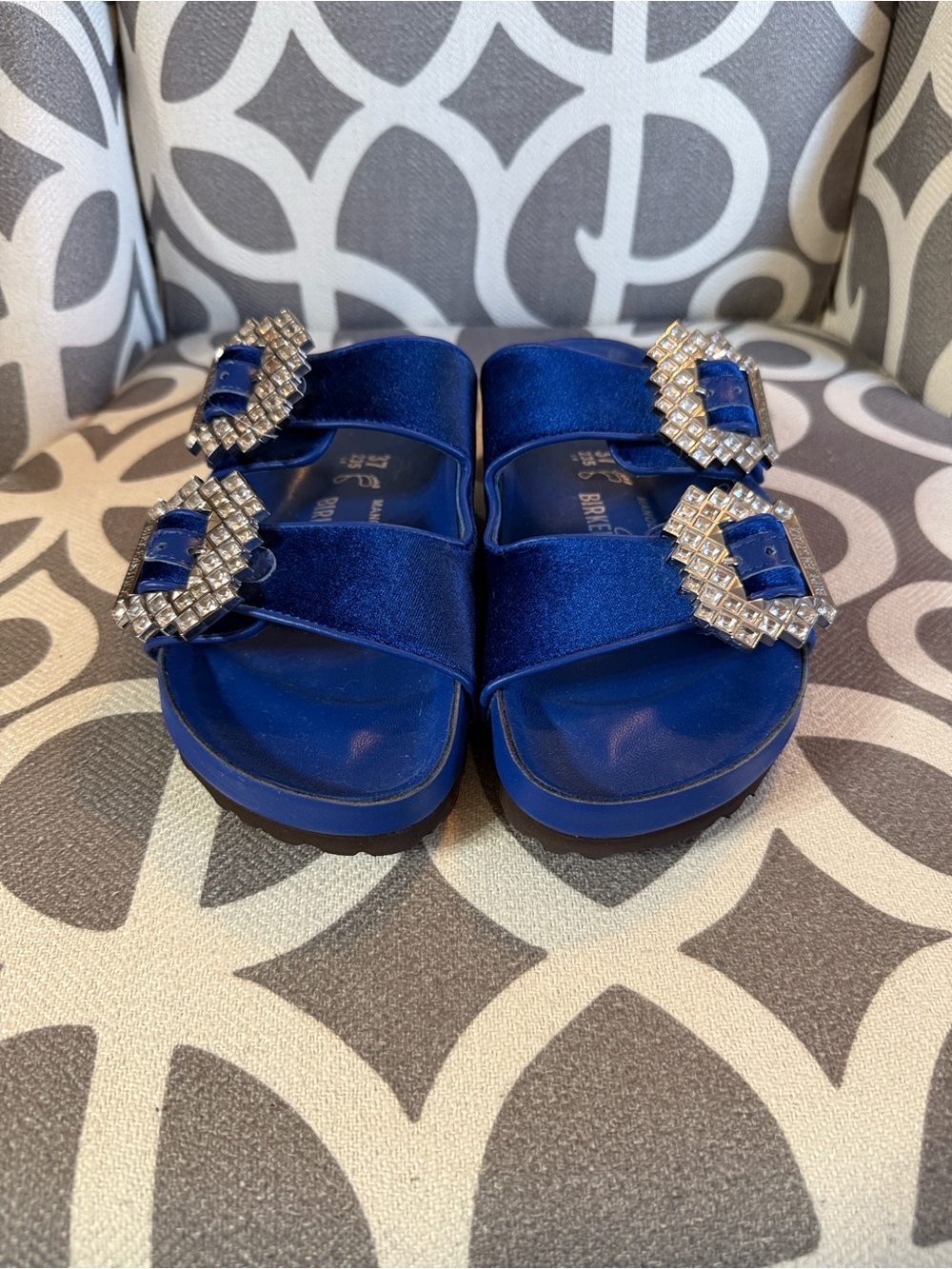 Blue Velvet Slide Sandals with Crystal Buckles